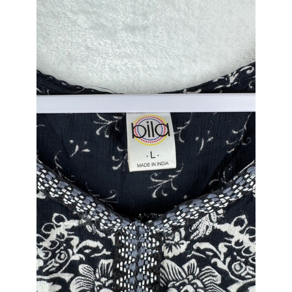 Bila Womens Black White Damask Floral Sequin Trim Ruffle Hem Tunic Top Large - Picture 8 of 8
